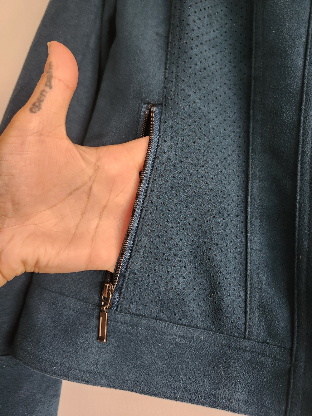 Northern Reflections Teal Faux Suede Zip Up Jacket | Peacock Blue Moto Style - Picture 4 of 10